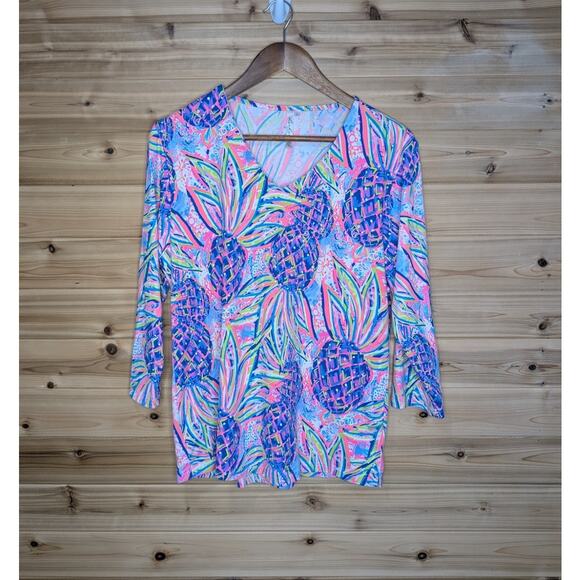 Lulu-B Top Womens Large Multicolor Pineapple Print Blouse Resortwear Beach - Picture 1 of 10